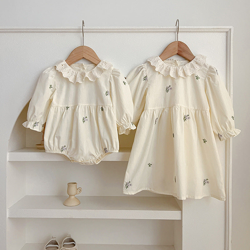 Floral sister matching outfit set with green and beige baby bodysuit and girl's dress