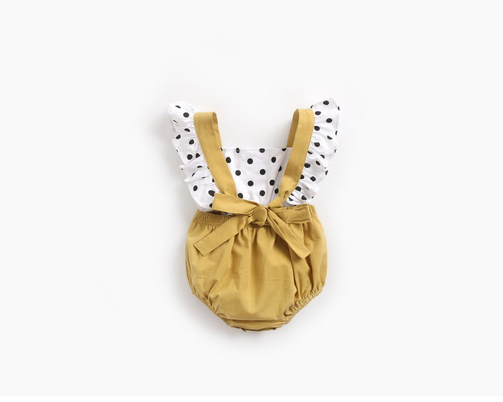 Yellow polka dot baby girl bodysuit with fly sleeves and back straps in soft cotton — view 2