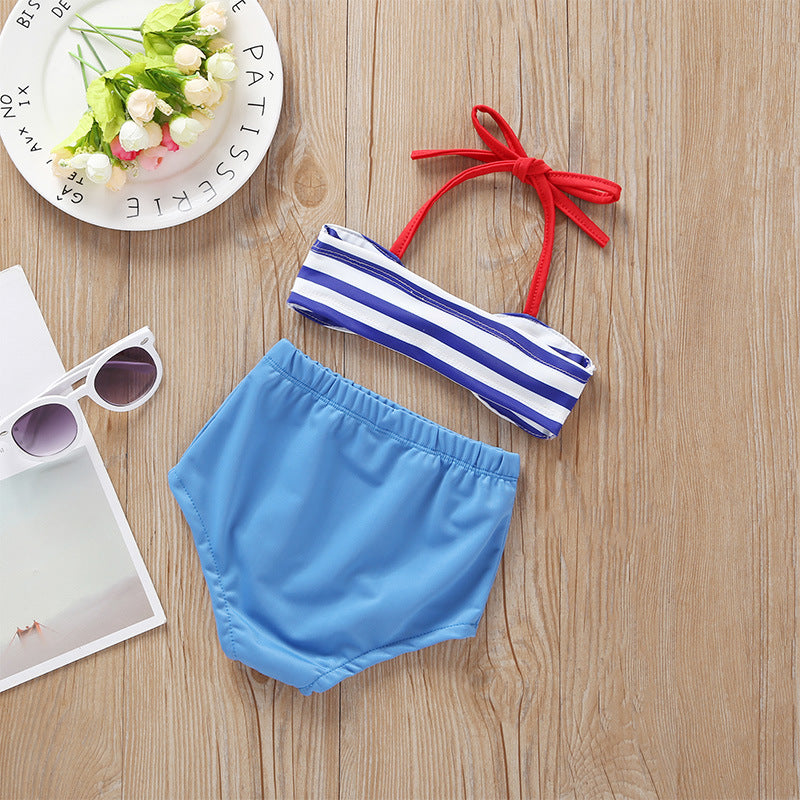 Baby girl striped swimwear set in blue cotton with belted top and matching shorts — view 2