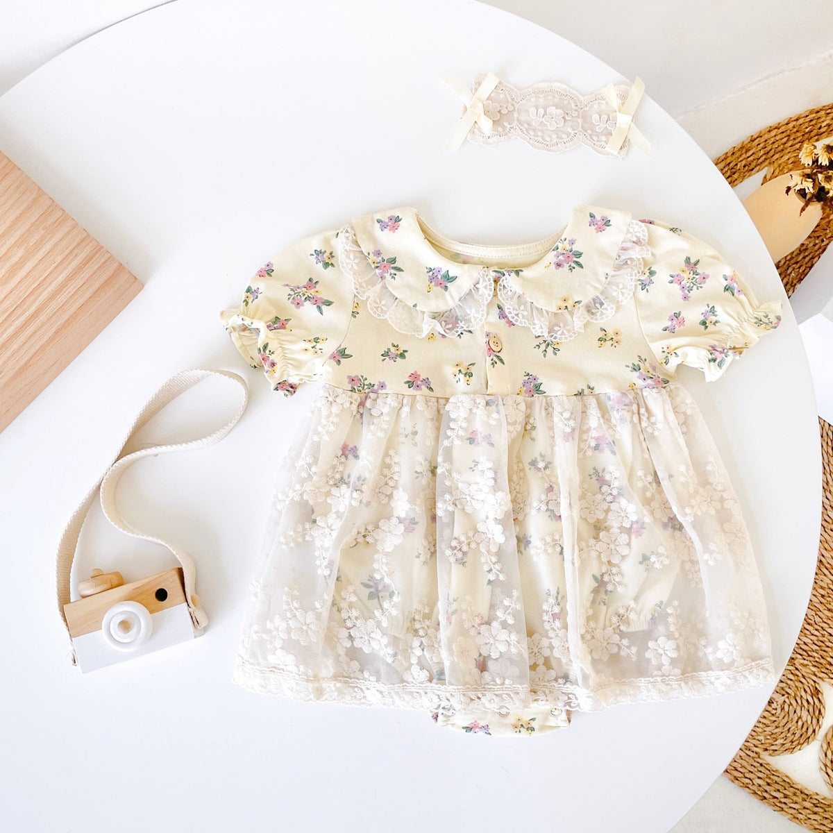 Baby girl floral bodysuit dress in apricot with delicate lace patchwork and vintage doll-neck collar — view 2
