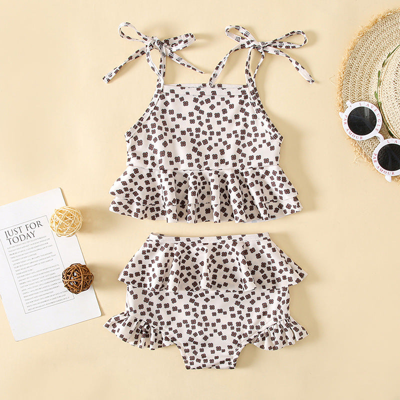 Baby girl floral two piece swimsuit set with sling top and belted shorts in breathable cotton — view 2