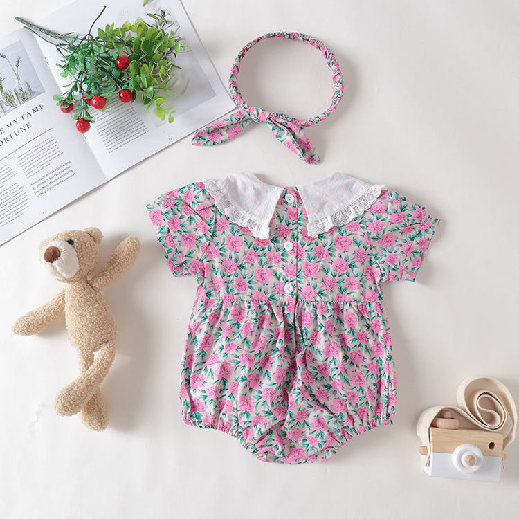 Purple floral print baby girl bodysuit with a delicate lace collar and short sleeves in cotton — view 2