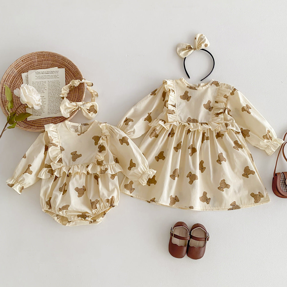 Autumn sister matching set featuring cotton teddy bear bodysuit and dress in beige and apricot tones