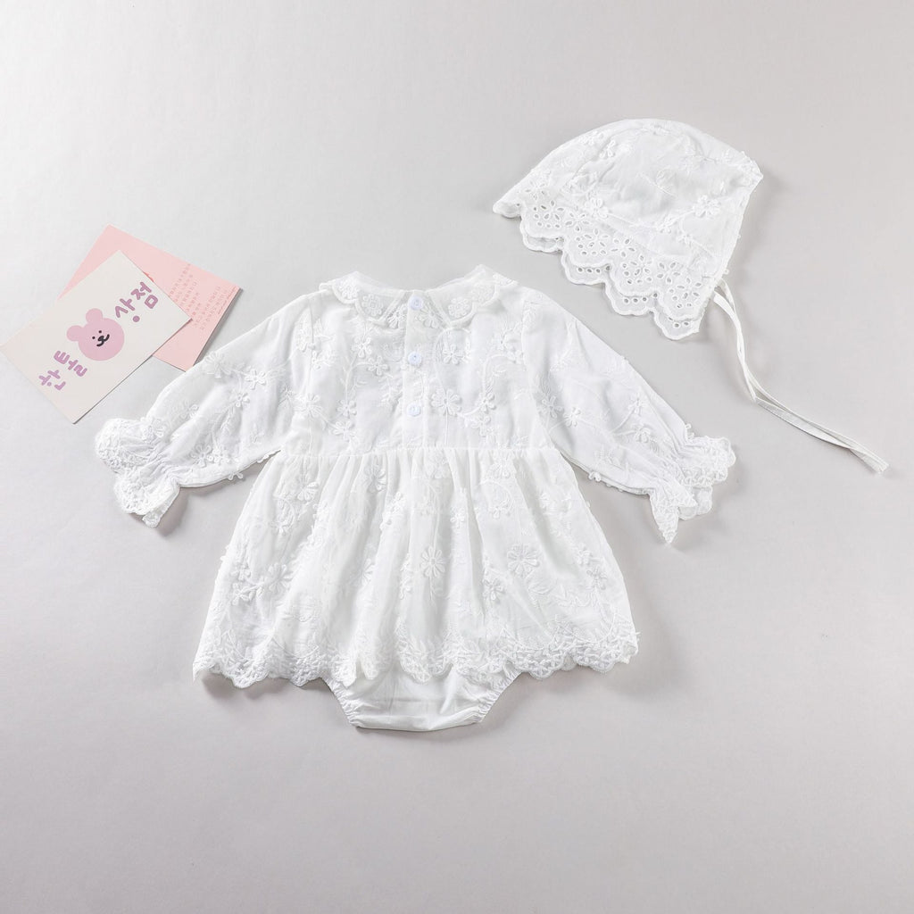 White baby girl bodysuit dress with floral embroidery, doll neck collar, and long sleeves in cotton — view 2