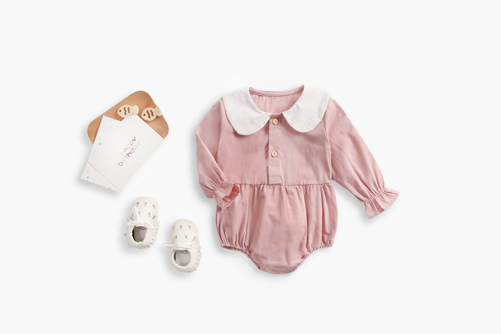 Solid pastel long sleeve baby girl bodysuit with doll collar and buttons in soft cotton — view 2