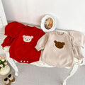 Knitted unisex baby bodysuit and matching hat set with teddy bear pattern in soft cotton