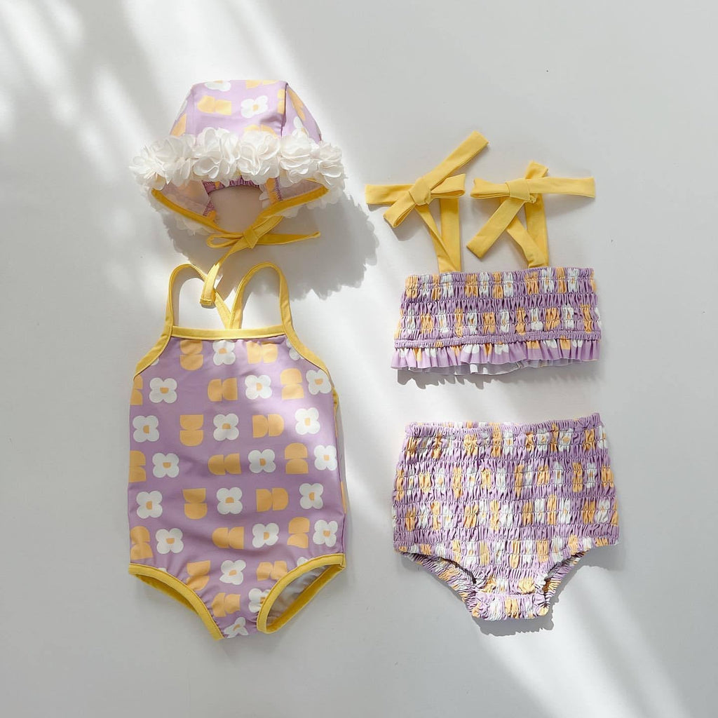 Baby girl floral swimwear set in pink cotton fabric, two piece bathing suit for summer