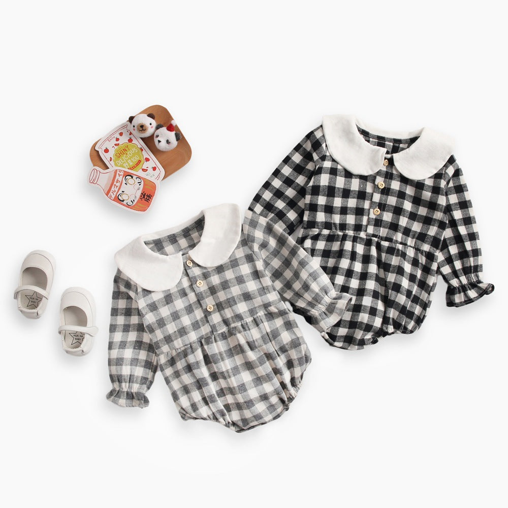 Baby girl long sleeve cotton bodysuit in classic plaid pattern with delicate doll collar.