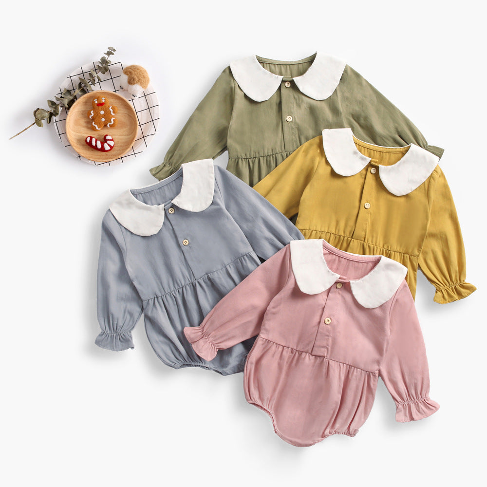 Solid pastel long sleeve baby girl bodysuit with doll collar and buttons in soft cotton