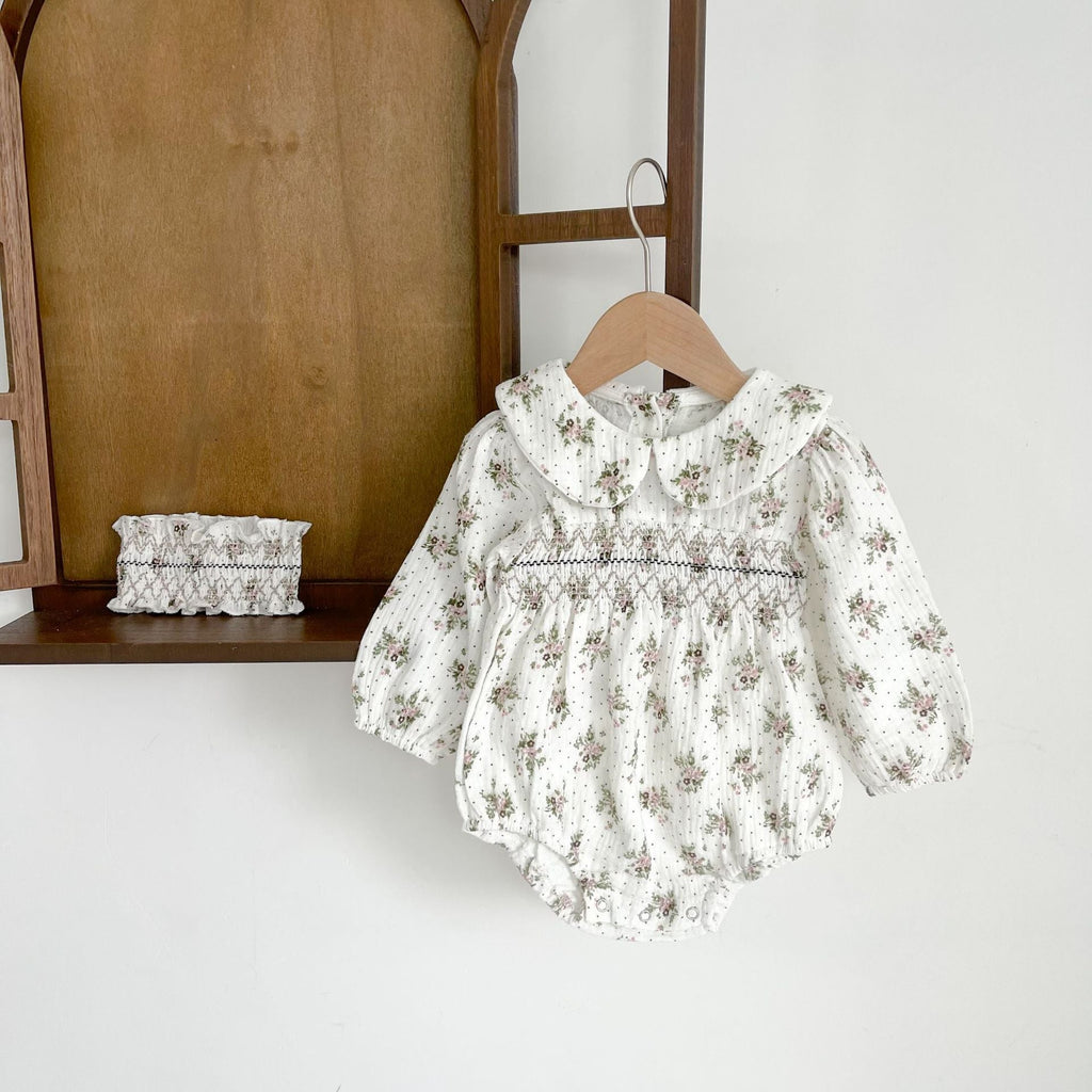 Baby girl floral print long sleeve cotton bodysuit with a vintage doll collar in pink — view 2