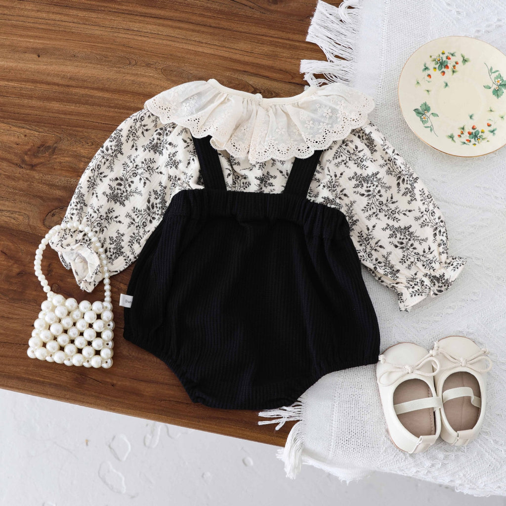 Baby girl floral overalls clothing set with long sleeve top and black sleeveless bottoms in cotton