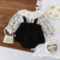 Baby girl floral overalls clothing set with long sleeve top and black sleeveless bottoms in cotton