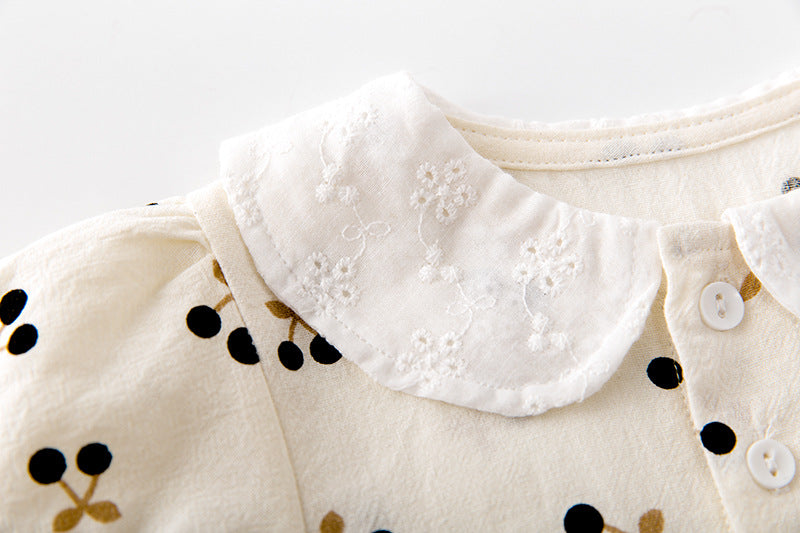 Baby girls cherry print bodysuit in apricot cotton with doll collar and puff sleeves — view 3