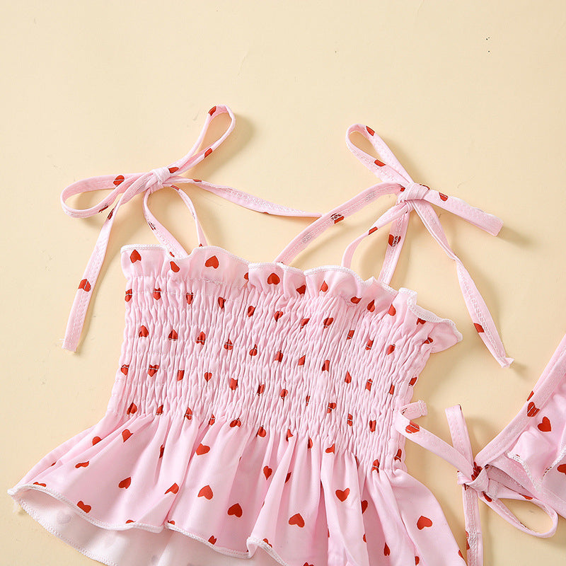 Girls heart pattern swimwear set in bright pink featuring a comfortable quick-drying two-piece toddler swimsuit — view 3