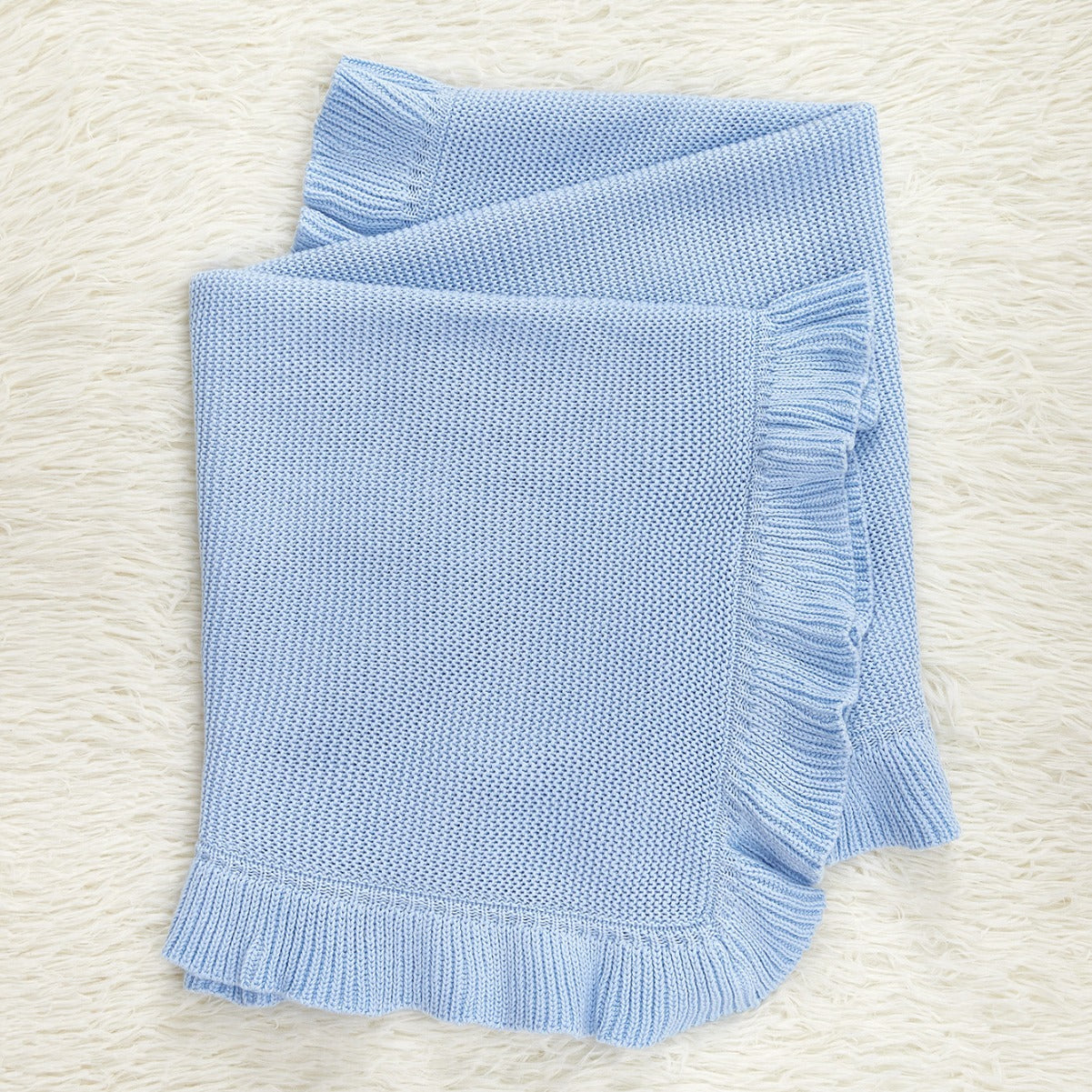 Solid color pure cotton knitted baby blanket featuring an elegant ruffle trim for stylish nursery decor — view 2