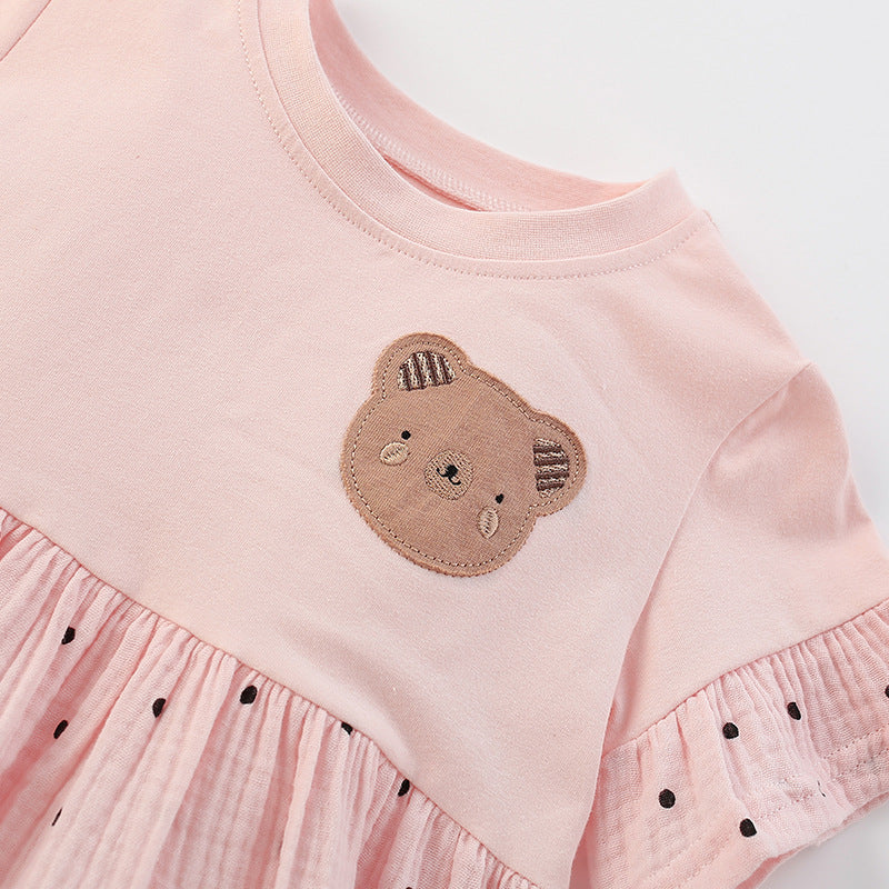 Pink girls summer dress featuring a charming teddy bear and polka dot pattern — view 2