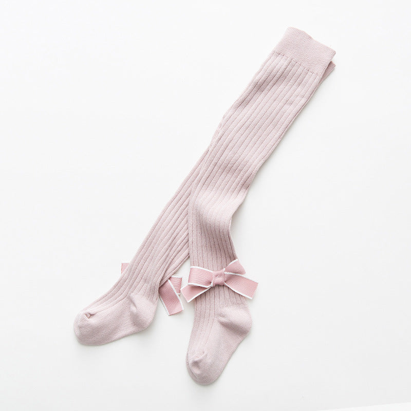 Baby girls solid color double bow pantyhose in soft cotton blend fabric — view 3