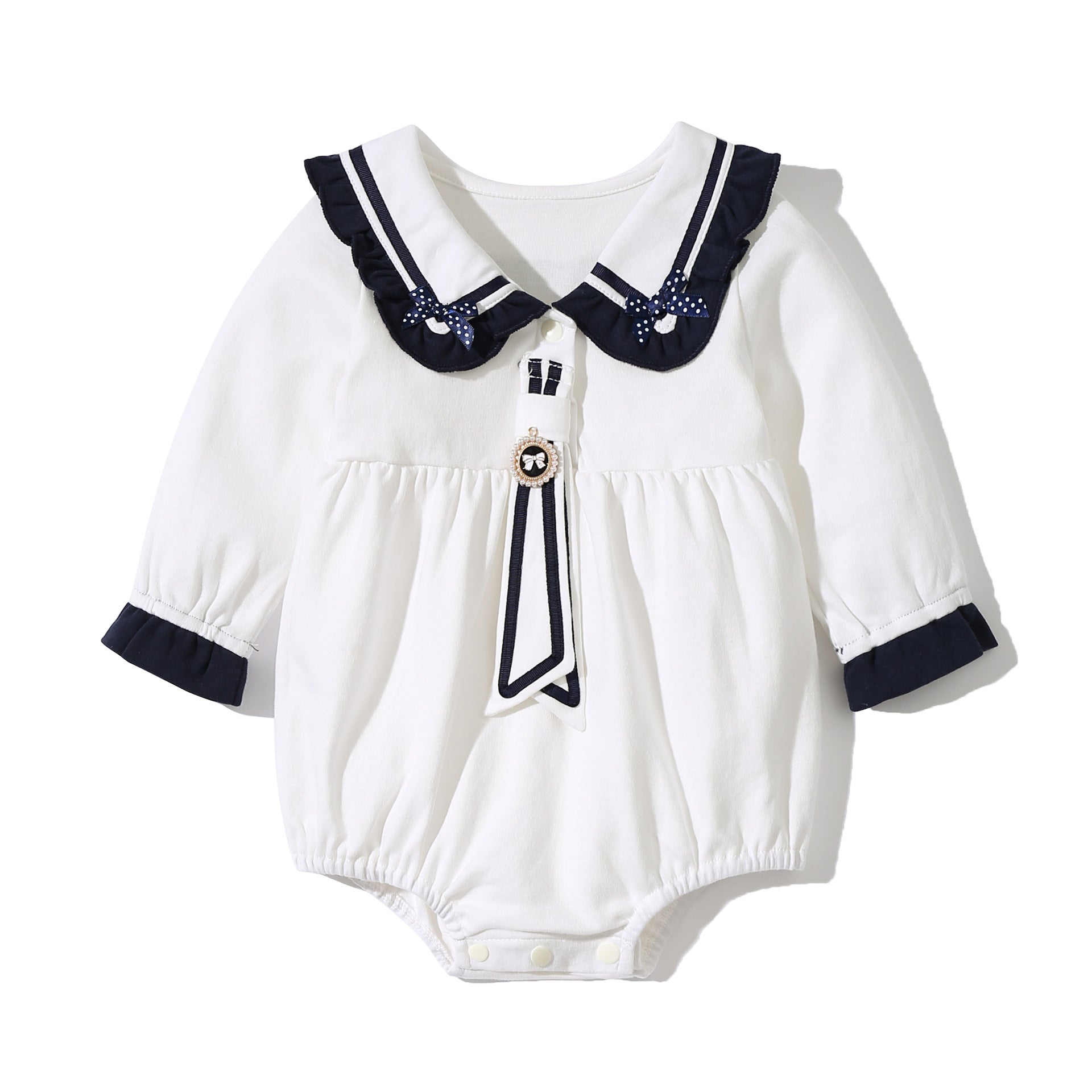 Baby girl sailor bodysuit in white and navy blue with a playful tie-dye patched design — view 3