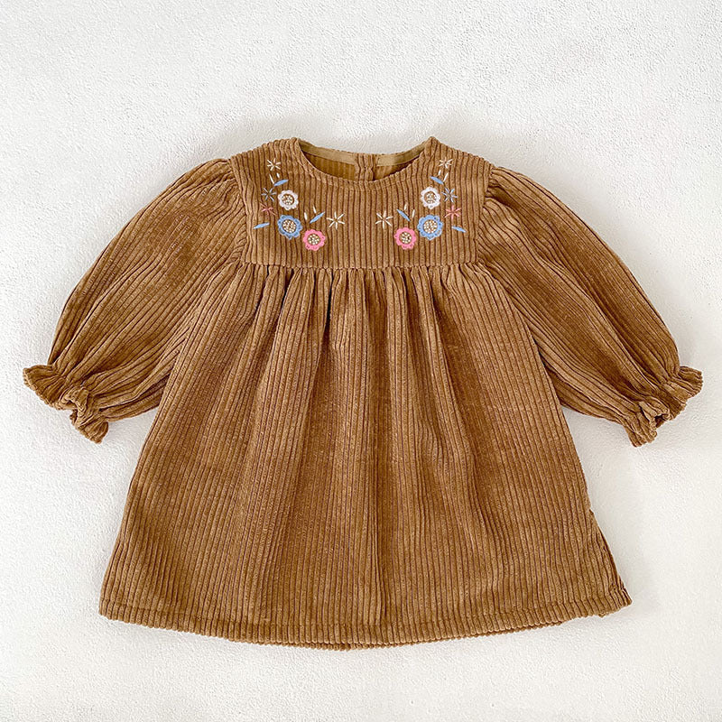Embroidered baby dress set in brown featuring long sleeves and delicate floral patterns for girls. — view 2