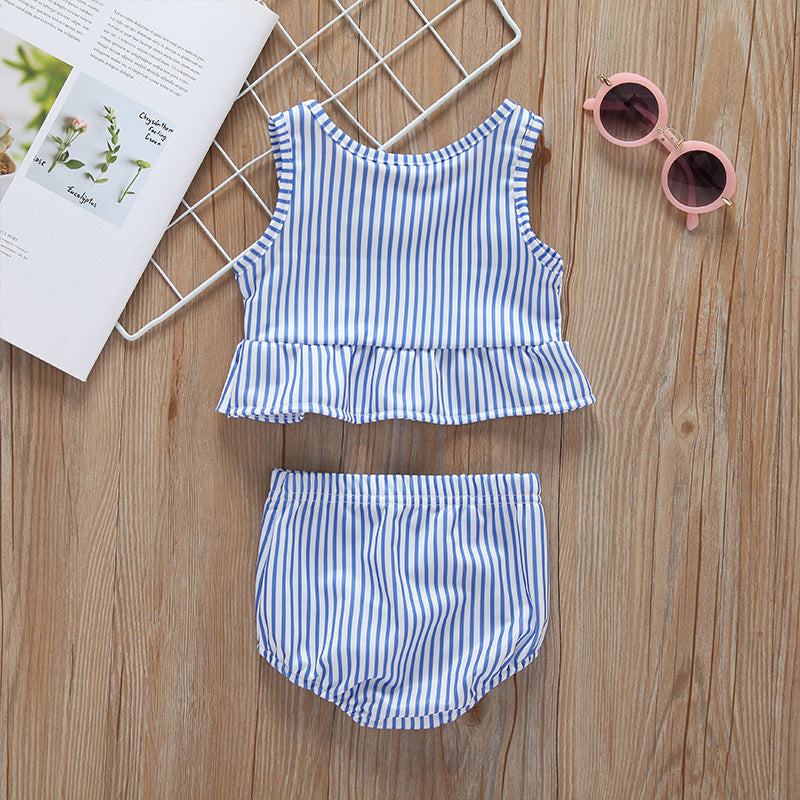 Baby girl striped ruffle one piece swimsuit with matching shorts combo in pink or blue — view 3