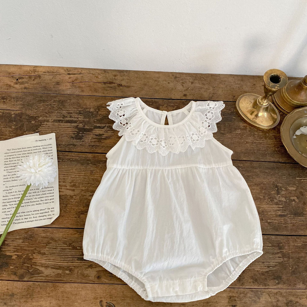 Baby doll neck sleeveless bodysuit in solid white or brown breathable cotton mesh fabric — view 2