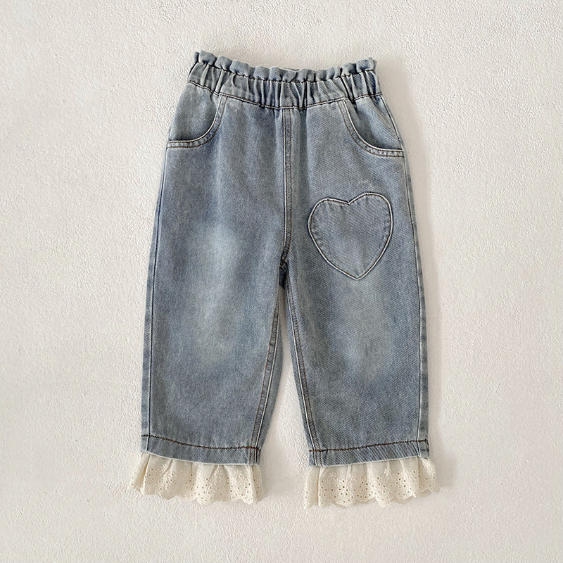 Girls lace patchwork denim pants with heart pattern and color-blocking in light blue cotton blend. — view 3
