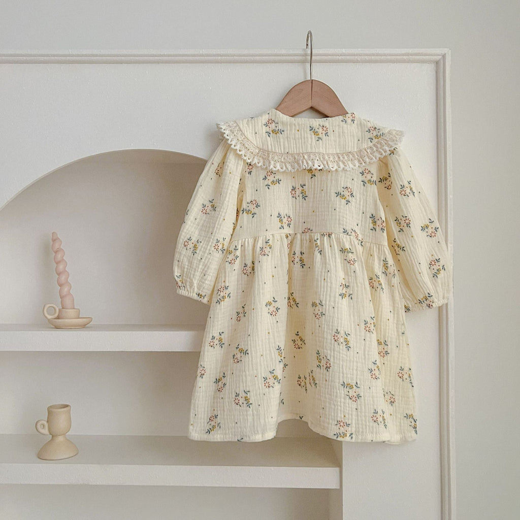 Baby girl lace collar bodysuit and floral pattern dress in pink and beige cotton blend — view 3