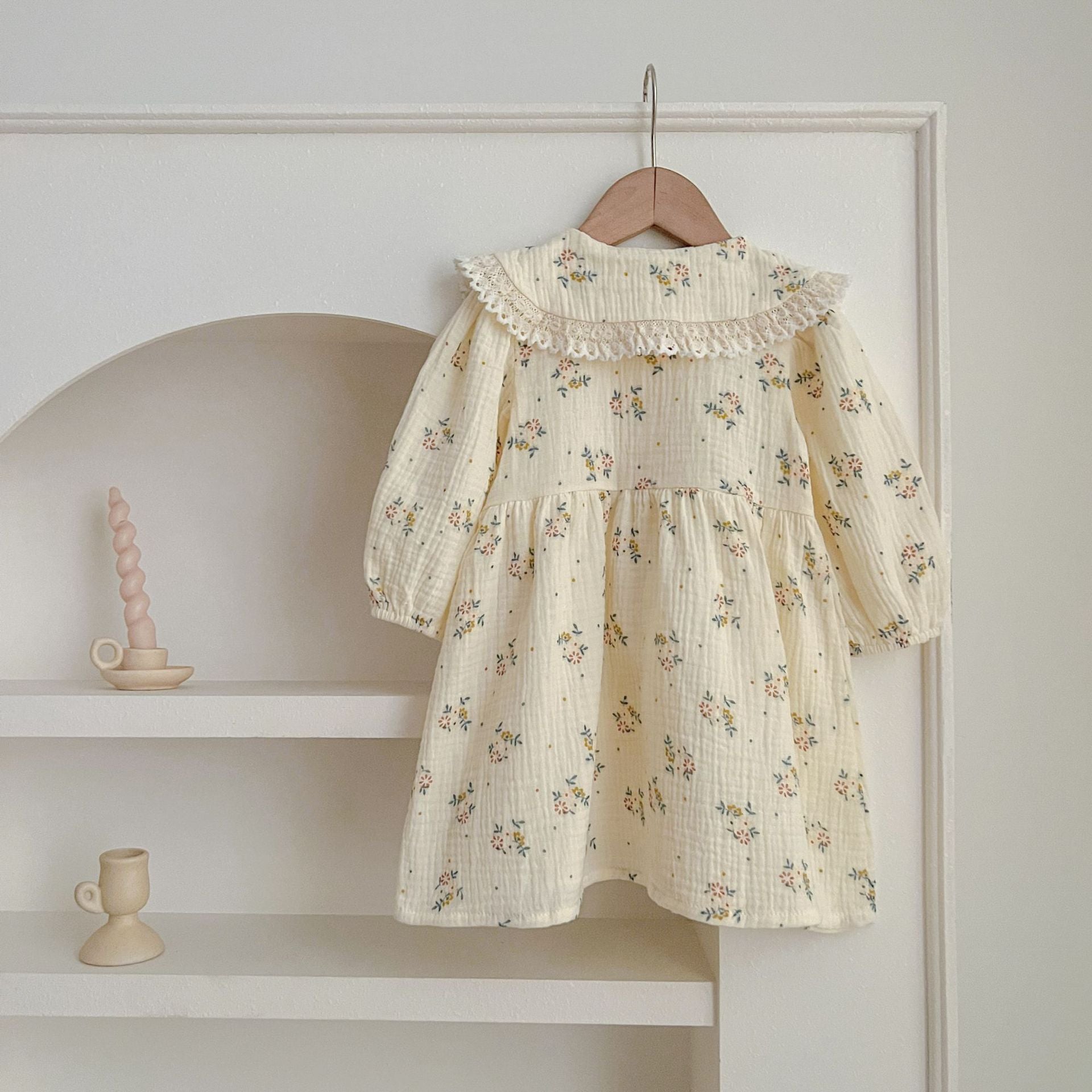 Baby girl lace collar bodysuit and floral pattern dress in pink and beige cotton blend — view 3