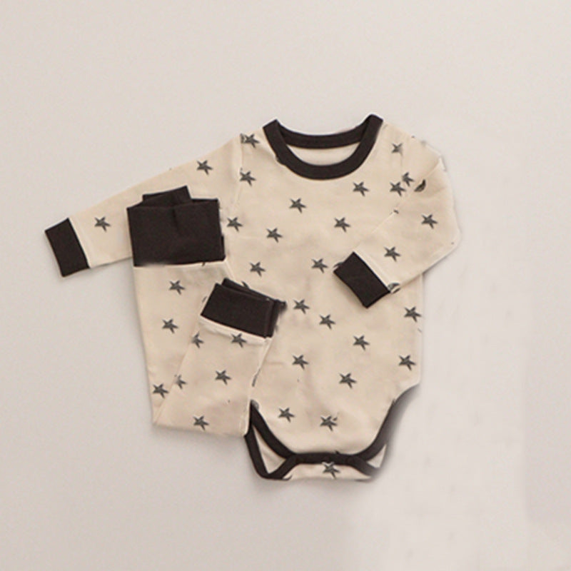 Baby star and moon graphic cotton bodysuit and thermal pants set in khaki and apricot. — view 3