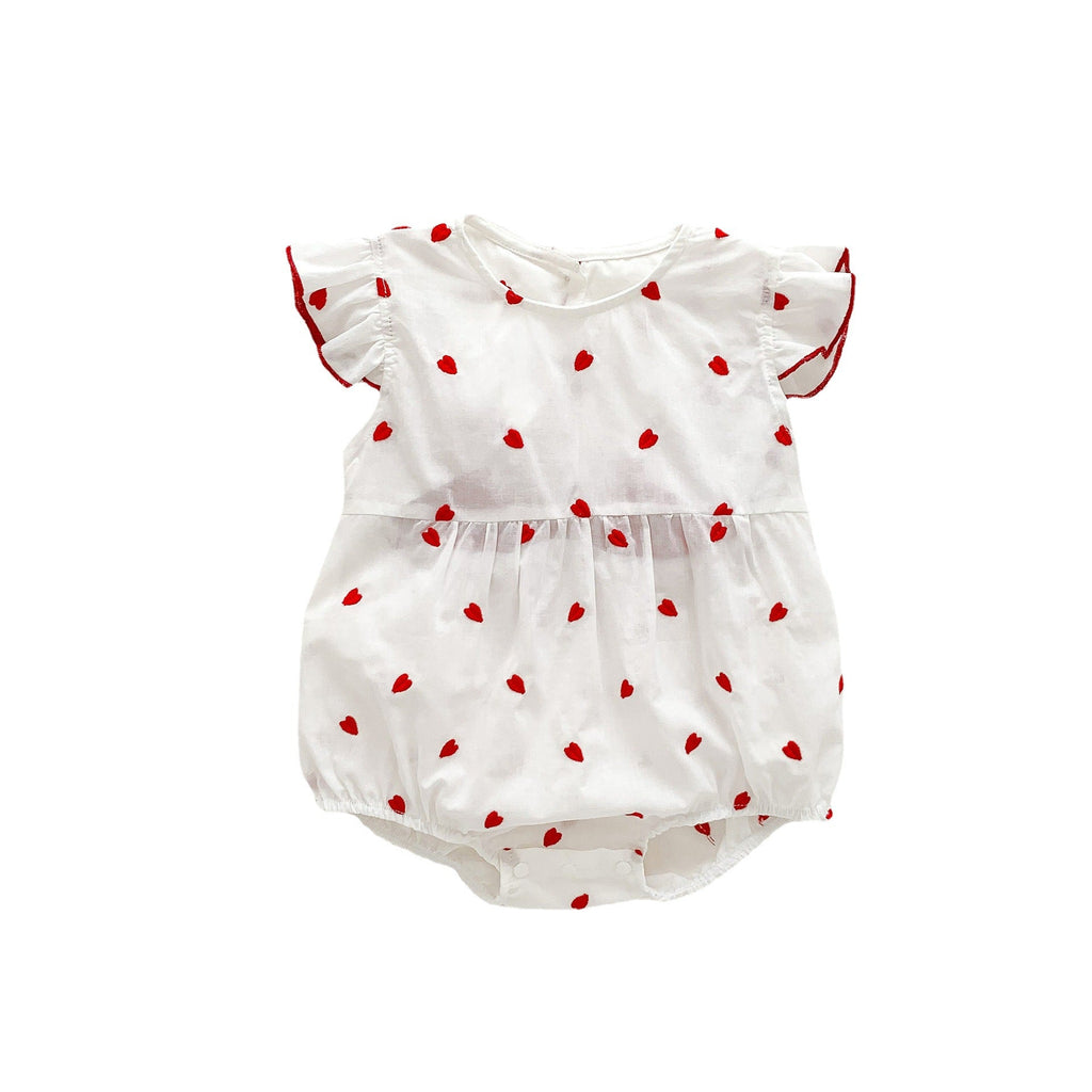 Baby girls beige summer bodysuit featuring a red heart print and delicate flutter fly sleeves. — view 3