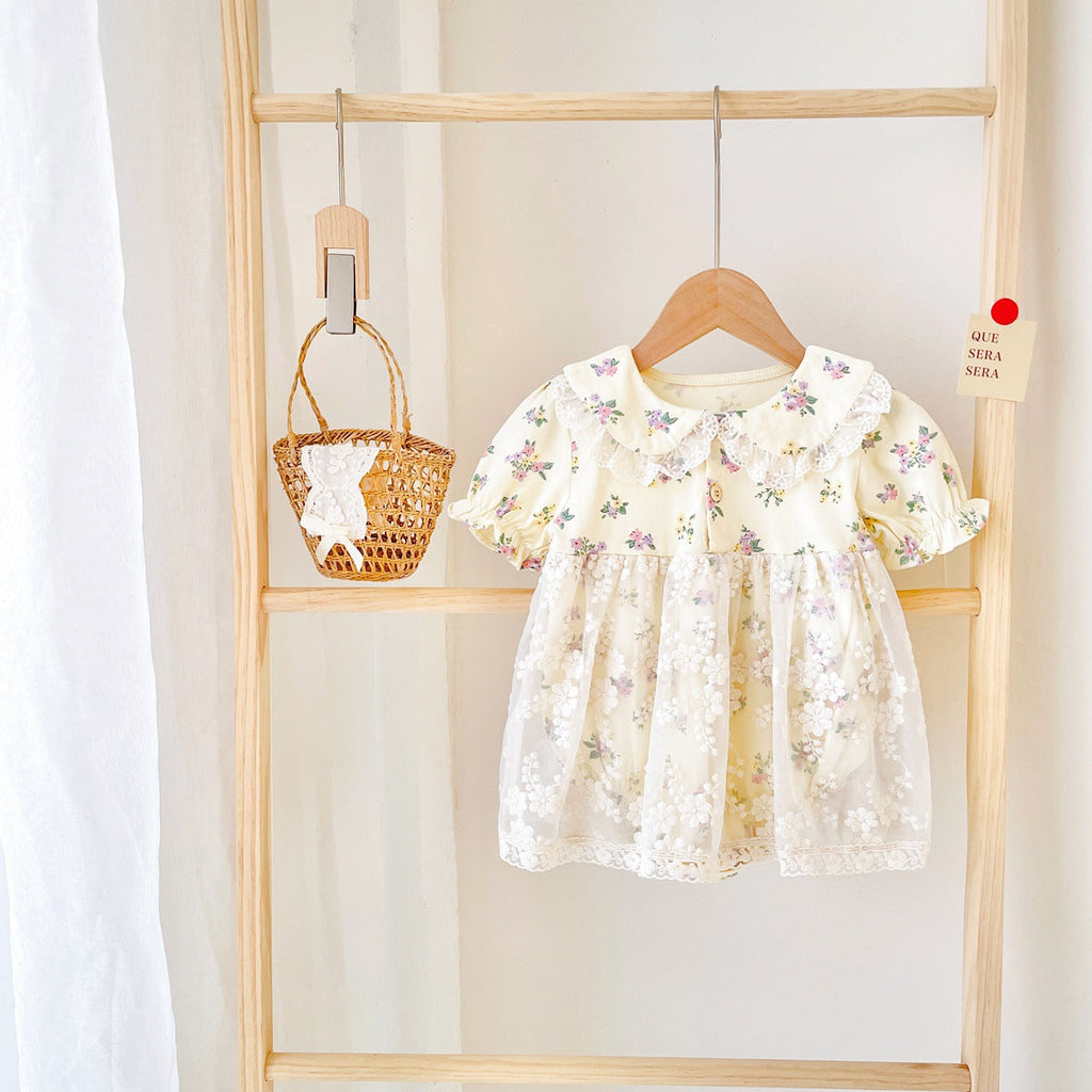 Baby girl floral bodysuit dress in apricot with delicate lace patchwork and vintage doll-neck collar — view 3