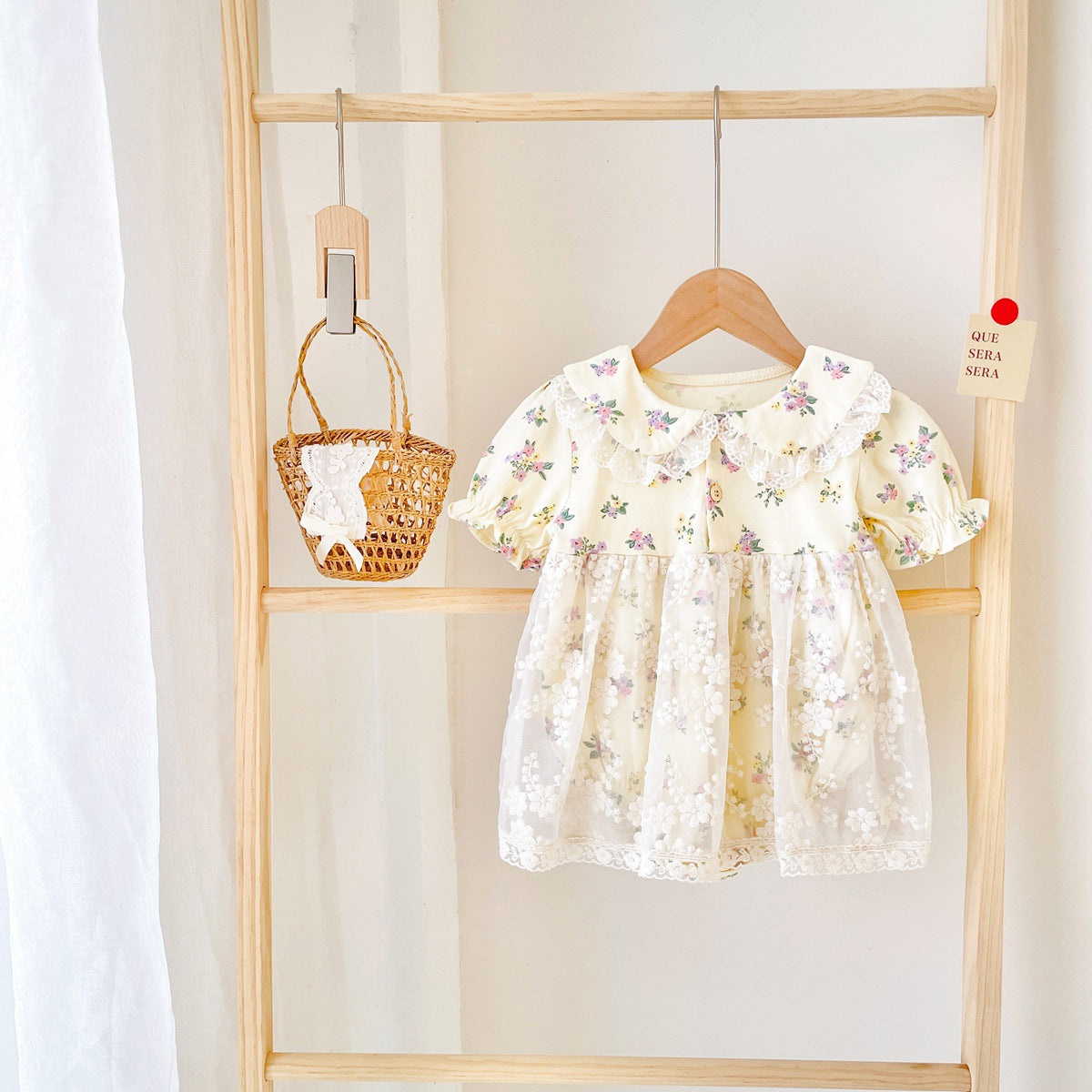 Baby girl floral bodysuit dress in apricot with delicate lace patchwork and vintage doll-neck collar — view 3