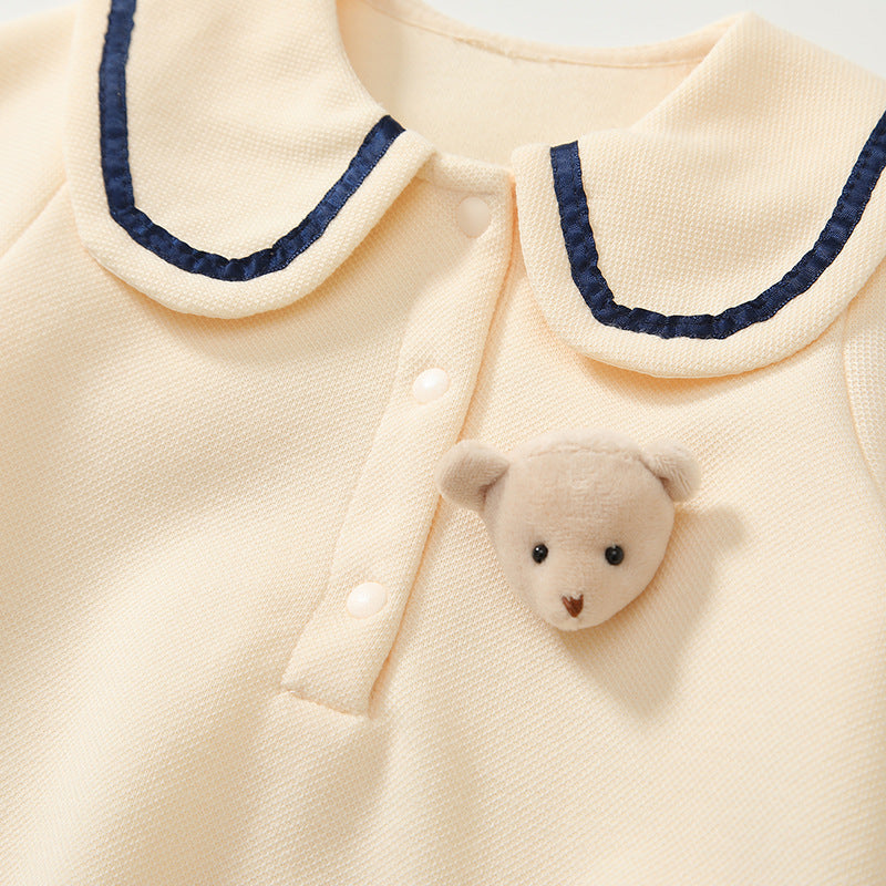 Apricot teddy bear baby bodysuit with classic collar in a soft cotton blend for autumn — view 3