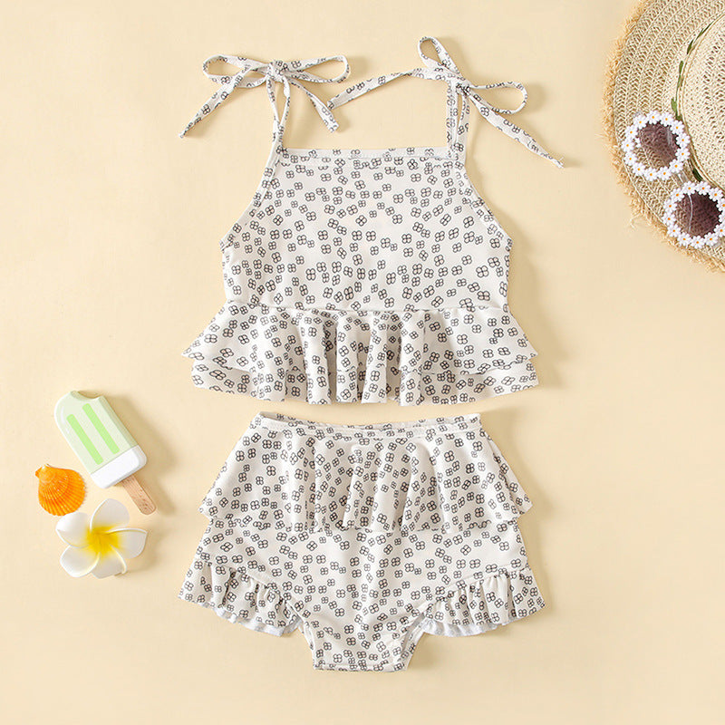 Baby girl floral two piece swimsuit set with sling top and belted shorts in breathable cotton — view 3