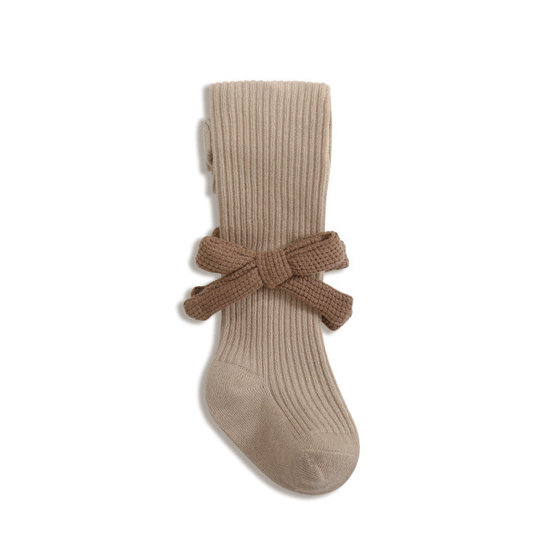 Baby girls knit bow pantyhose in solid color with striped texture and charming side details. — view 3
