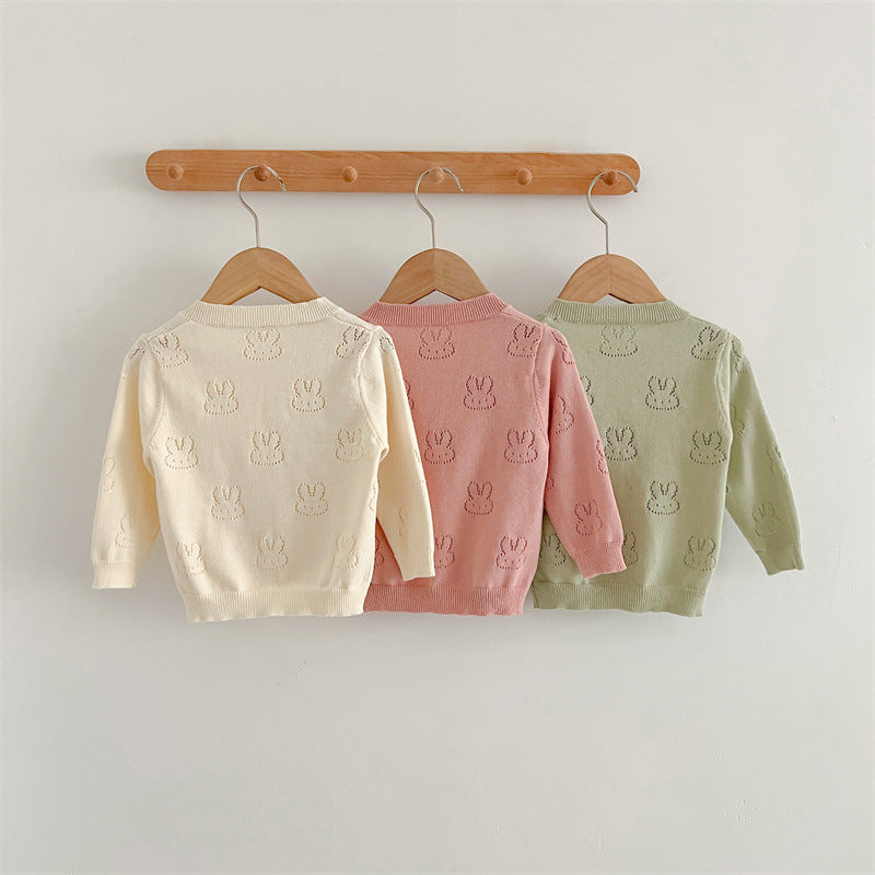 Lightweight solid color cotton knit baby cardigan with long sleeves for gentle summer sun protection — view 3