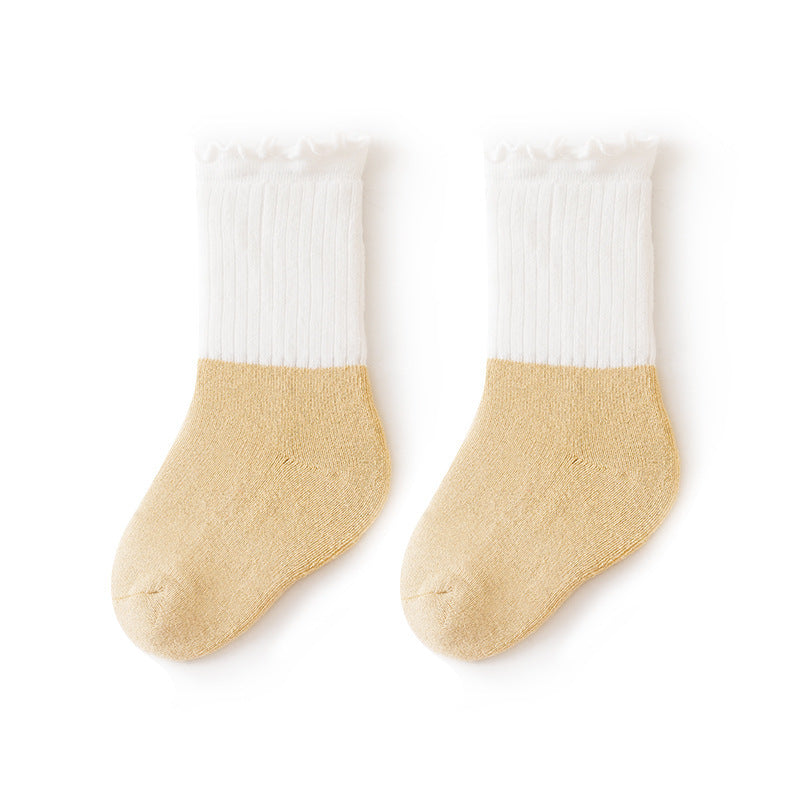 Baby unisex ruffle fringe crew socks in colorful patchwork design made of soft cotton blend — view 2