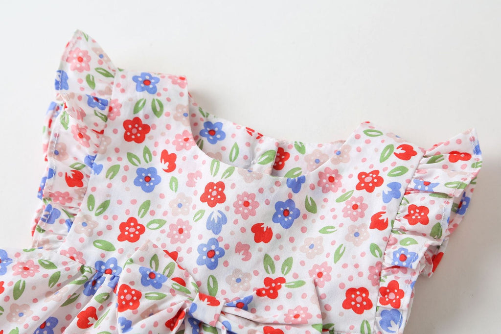 Pink floral baby girl sleeveless bodysuit dress with bow tie detail and round collar — view 3