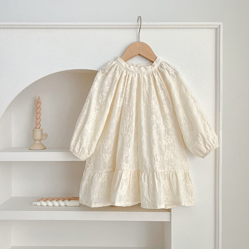 Floral baby girl bodysuit dress in neutral tones with round neckline and snap button bottom closure — view 3