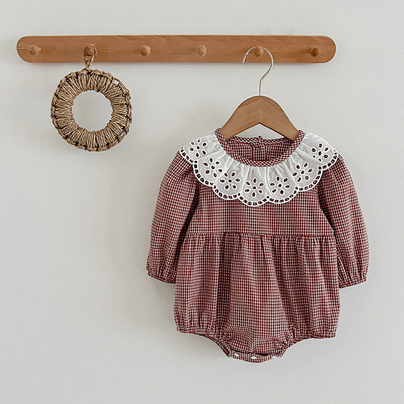 Red and brown plaid long sleeve baby bodysuit dress featuring a white fashion lace collar. — view 3