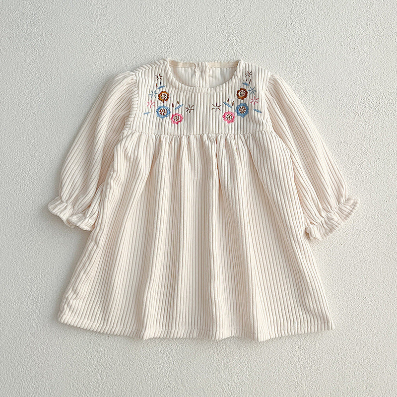 Floral embroidered baby dress in soft white cotton with long sleeves for little girls. — view 3