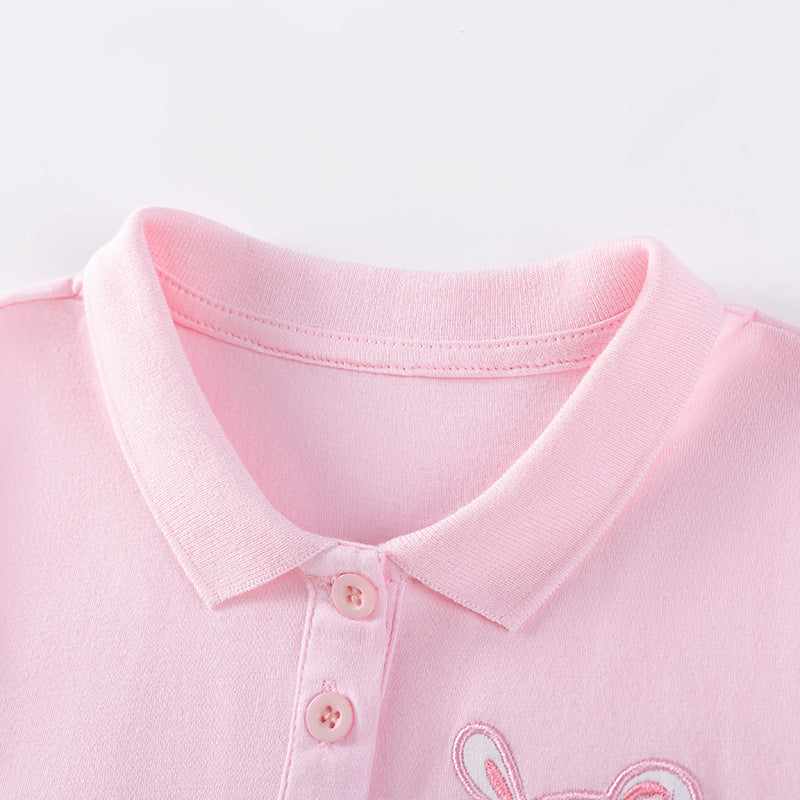 Pink cotton sleeveless girls dress featuring adorable teddy bear embroidery for summer outings — view 3
