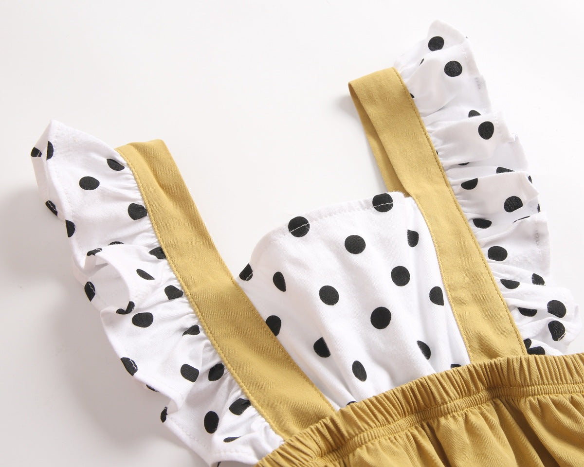 Yellow polka dot baby girl bodysuit with fly sleeves and back straps in soft cotton — view 3