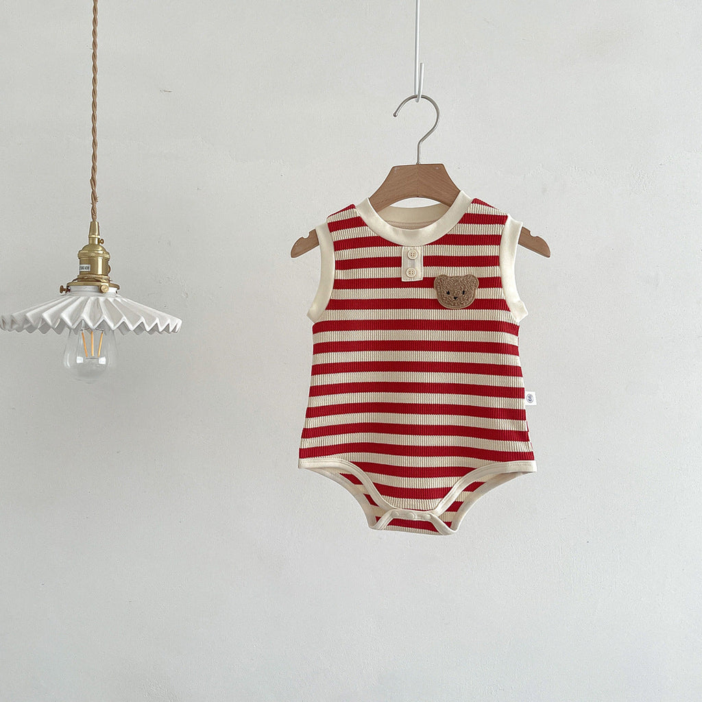 Unisex sleeveless baby bodysuit featuring a striped pattern and teddy bear motif in soft cotton. — view 5