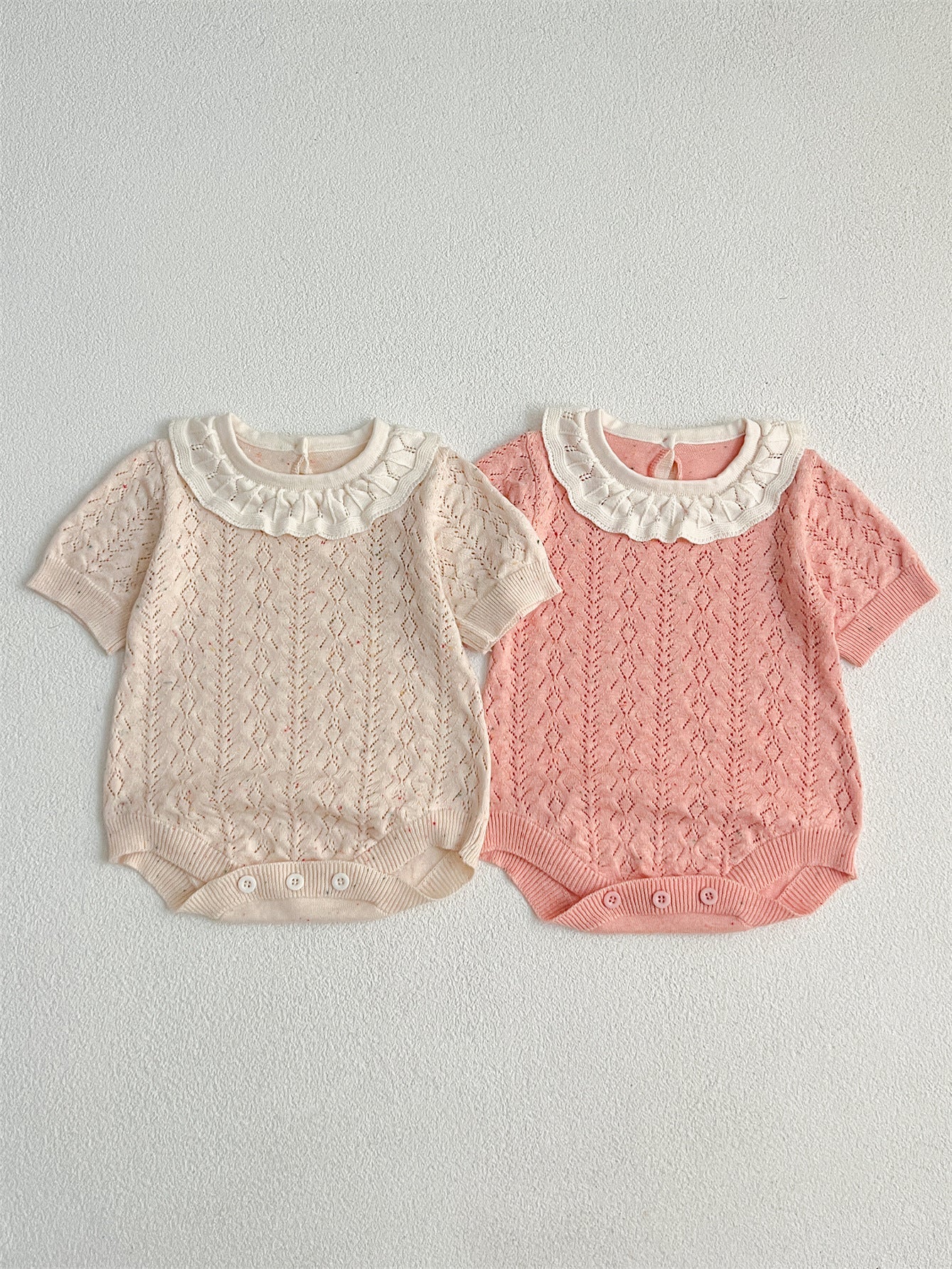 Arrival Summer Baby Kids Girls Knitted Ruffled Collar Hollow Out Short Sleeves bodysuit