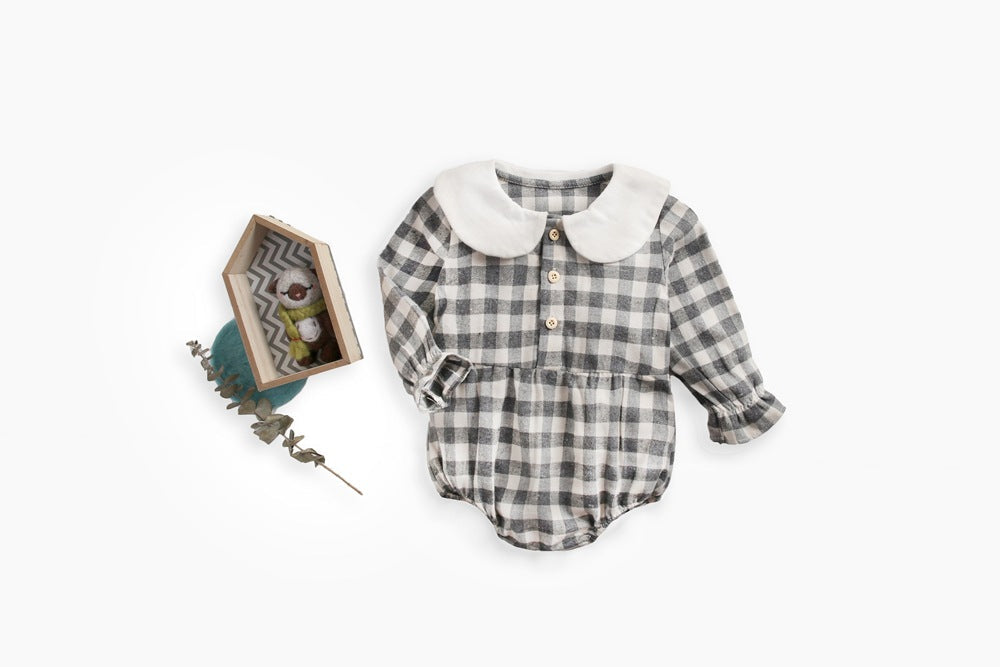 Baby girl long sleeve cotton bodysuit in classic plaid pattern with delicate doll collar. — view 3