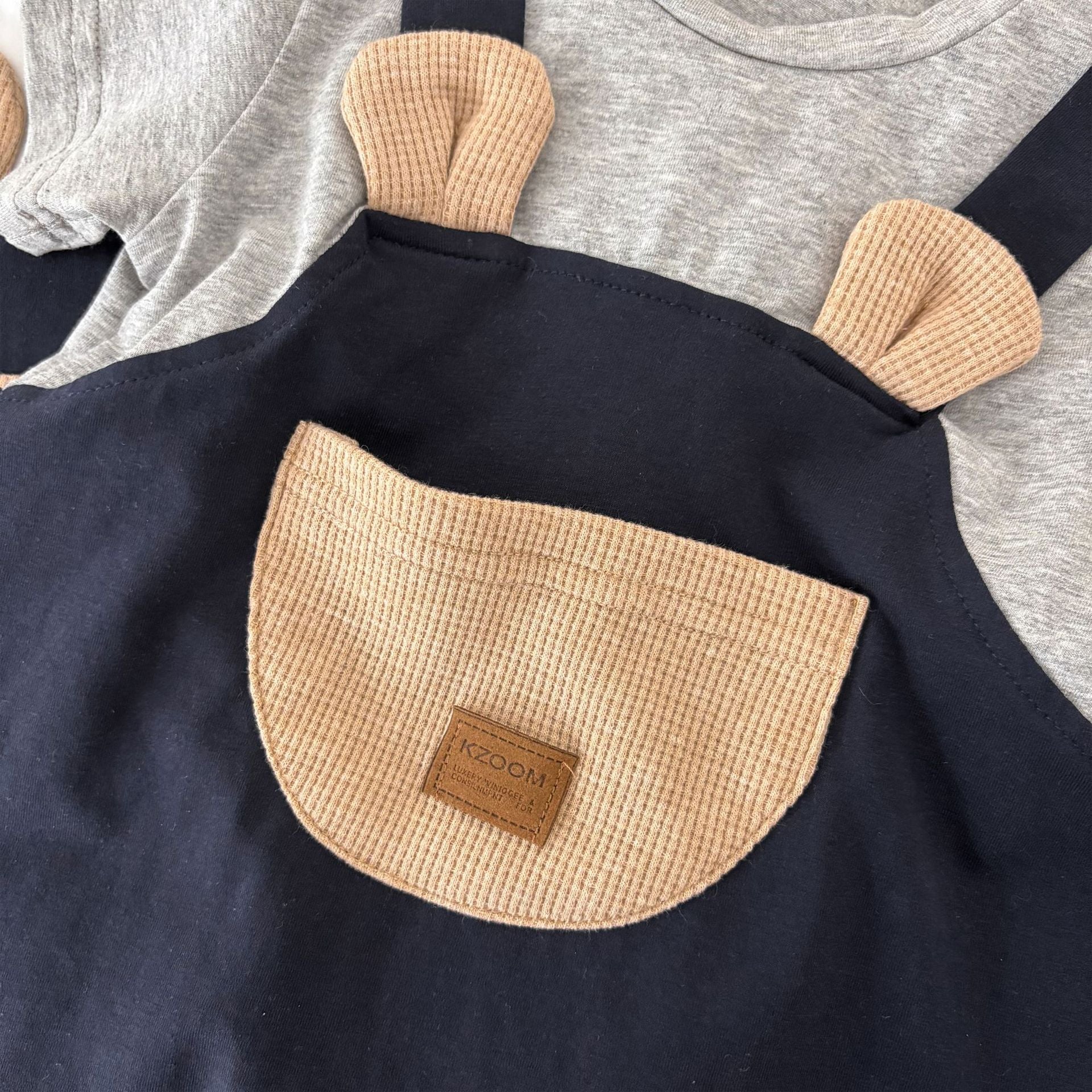 Teddy bear baby boy romper in white and grey patchwork cotton blend with short sleeves — view 4