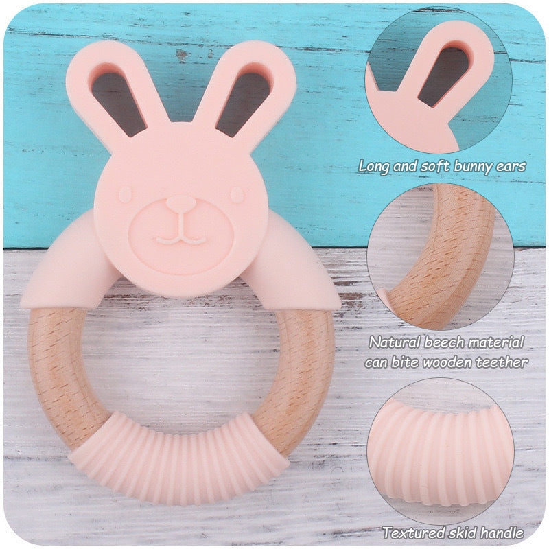 Wooden rabbit teething rattle with food-grade silicone beads in various colors for baby gum relief — view 3