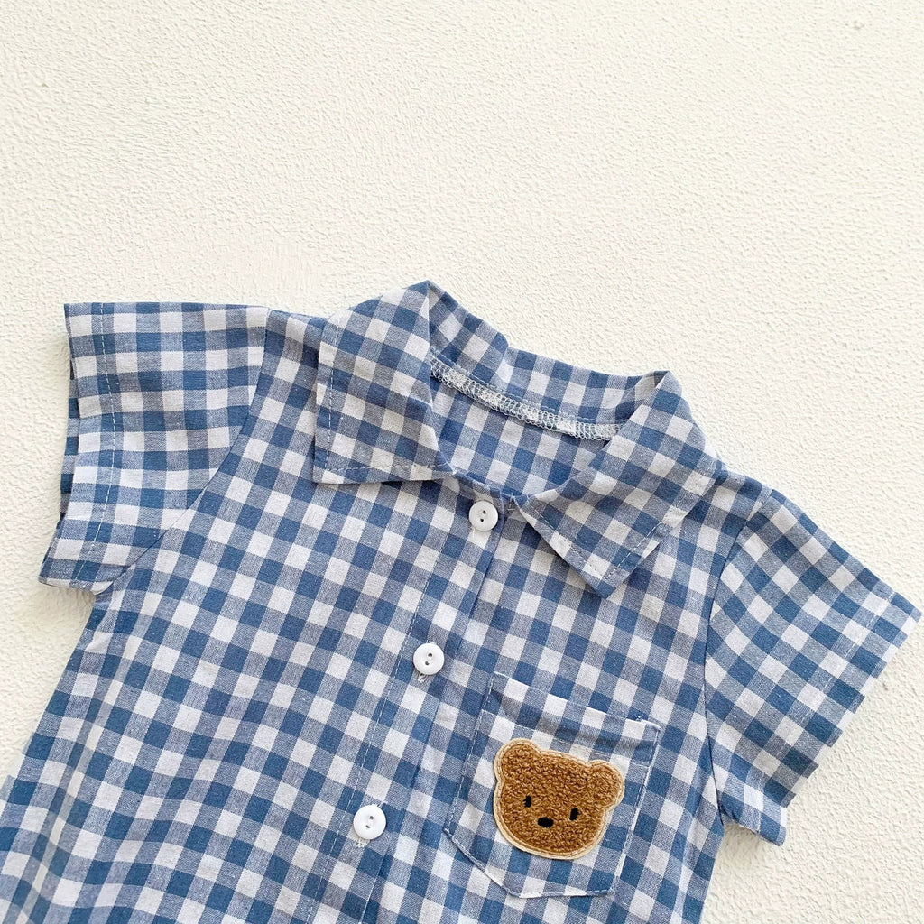 Baby boy plaid and teddy bear short sleeve cotton bodysuit with turn-down collar — view 5