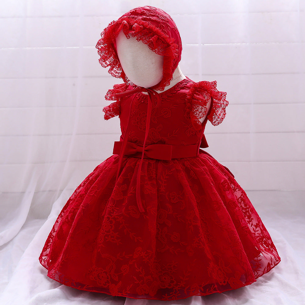 Baby girl formal dress in white or red with mesh overlay and matching hat — view 2